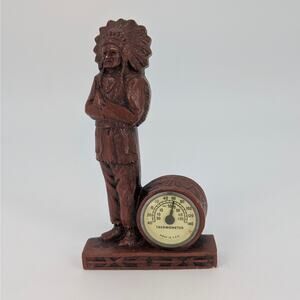 Wooden Indian Chief Desk Thermometer 1950s Souvenir Sikeston MO Syroco Style